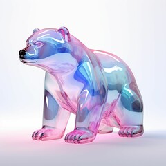 the glass sculpture is a polar bear with a blue, purple and white color