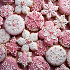 viele Plätzchen oder Kekse zu Weihnachten reich verziert in Rosa und Weiß