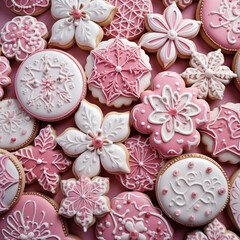 Fototapeta premium viele Plätzchen oder Kekse zu Weihnachten reich verziert in Rosa und Weiß