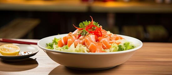 In a white Japanese restaurant with a serene background a delicious and healthy Asian salad featuring fresh red fish is placed on a table while a button labeled cooking is displayed highligh