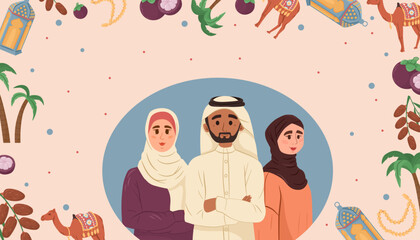 Obraz na płótnie Canvas Arabic muslim theme. Traditional female and man clothes. Religious symbols. Cultural ramadan celebration. Mosque and camels ornaments. Vector illustration