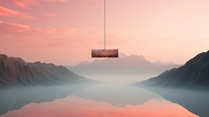  a view of a mountain range with a lake in the foreground and a red sky with clouds in the background.  generative ai