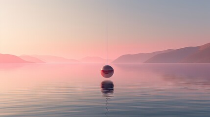  a red and white buoy floating in the middle of a large body of water with mountains in the background.  generative ai - obrazy, fototapety, plakaty