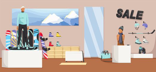Snowboarding equipment collection on sale. Boutique and shop interior. Set of skates, snowboards, clothes. Extreme sport wear. Winter design. Vector illustration - obrazy, fototapety, plakaty