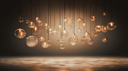  a bunch of light bulbs hanging from a chandelier in a dark room with a reflection on the floor.  generative ai