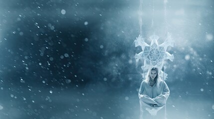  a woman is standing in the snow with a snowflake on her head and a cross above her head.  generative ai
