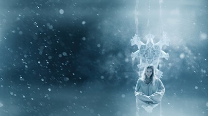  a woman is standing in the snow with a snowflake on her head and a cross above her head.  generative ai