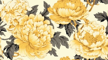  a yellow and black floral wallpaper with leaves and flowers on a cream background with black leaves and flowers on a cream background.  generative ai