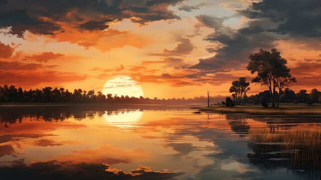 Nature landscape with sunset at coast of the lake. AI generated image