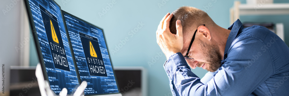 Poster ransomware malware attack. business computer hacked