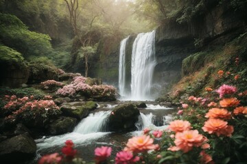 Beautiful waterfall, bright colorful pink flowers near a mountain river in a wild forest. Nature, travel, sightseeing concepts