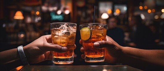 Two hands clink glass of alcoholic drink in bar on blur background. AI generated