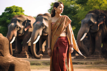 Asian model wearing traditional Thai clothing travels in an ancient Thai city. You can use it in your advertising or other high quality prints. - obrazy, fototapety, plakaty