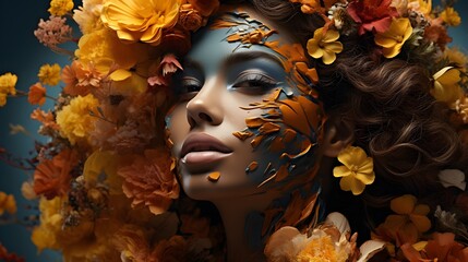 Floral Radiance: Close-Up of a Woman with Colorful Flowers in Her Hair