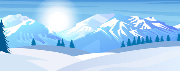 Panoramic view. Scenic snowy mountain landscape. Outdoor tourism activity. Winter time. High peak, steep rock. Adventure climbing and travelling. Frost and cold. Pine forest. Vector illustration