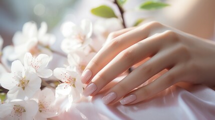Woman show beautiful nail after receive care service by professional Beautician Manicure at spa centre. Nail beauty salon use nail file for Glazing treatment. manicurist make nail to beautiful. - obrazy, fototapety, plakaty