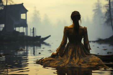 A beautiful woman in a dress stands in the water among forest with her back to the camera. Mysterious atmospheric photography.