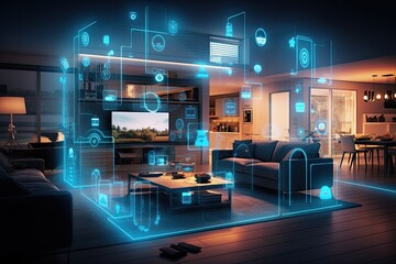 Smart home with virtually connected devices. Technology concept.