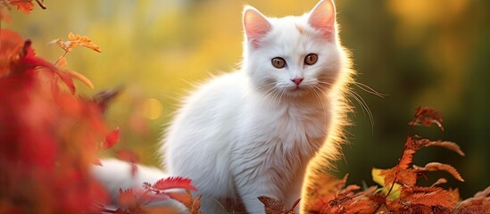 In the beautiful natural background a cute white cat with its red and healthy fur exhibits a funny and adorable expression on its face as it poses for a portrait capturing its young and beau