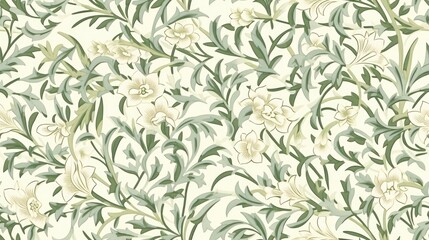  a white and green floral wallpaper with green leaves and flowers on a white background with green leaves and flowers on a white background.  generative ai