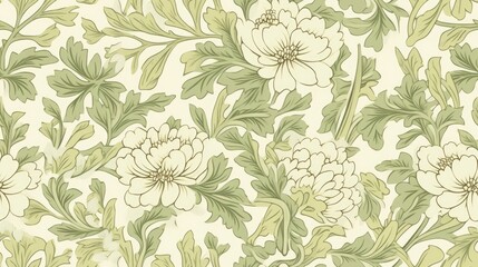  a floral wallpaper pattern with green leaves and flowers on a cream background with green leaves and flowers on a cream background.  generative ai