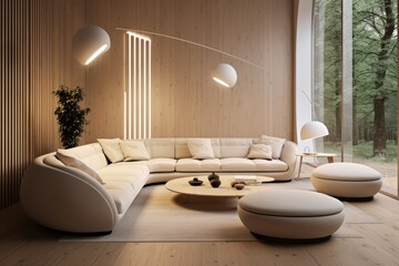 Light interior with modern furniture in a beige tone.