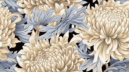  a close up of a bunch of flowers with leaves on a black background with a gold and blue color scheme.  generative ai