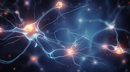 Fototapeta na wymiar Neuron cells on dark background with blue light and glowing particles 