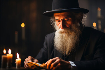 old jewish rabbi with long beard and hat reads the Tanakh, the hebrew bible in a synagogue by candlelight