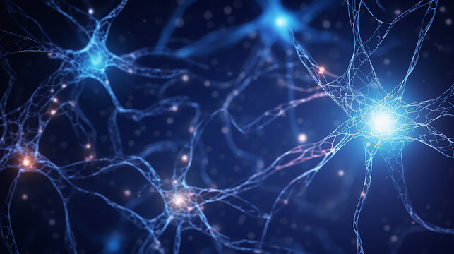 Neuron cells on dark background with blue light and glowing particles 