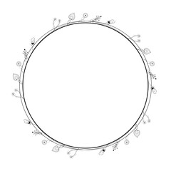 Abstract Black Simple Line Round Circle With Leaf Leaves Frame Flowers Doodle Outline Element Vector Design Style Sketch Isolated Illustration For Wedding And Banner