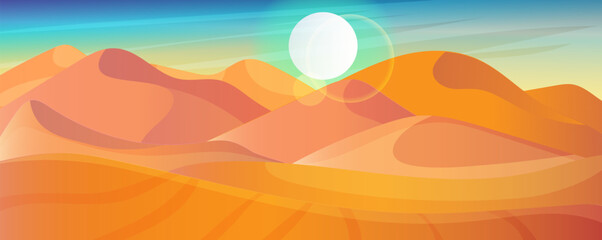 Sahara desert panoramic view, outdoor scenic landscape, arabic sand dune. Summer vacation travel, holiday resort. Yellow and orange color. Panorama horizon, sky and sunset. Vector illustration