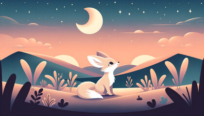 Obraz na płótnie Canvas Whimsical Fennec Fox in a Pastel Desert Landscape Under a Crescent Moon - Concept of Tranquility, Nature Illustration, and Wildlife Art