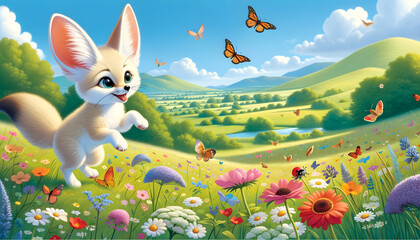 Vibrant Spring Meadow with Playful Fennec Fox and Fluttering Butterflies - Concept of New Beginnings, Nature's Beauty, and Wildlife Joy - obrazy, fototapety, plakaty