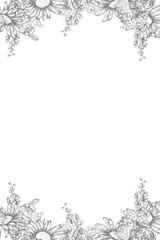 Vector floral rectangular frame of botanical elements hand-drawn in graphic style for printing and templates