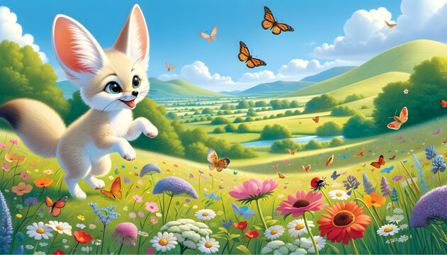 Vibrant Spring Meadow with Playful Fennec Fox and Fluttering Butterflies - Concept of New Beginnings, Nature's Beauty, and Wildlife Joy