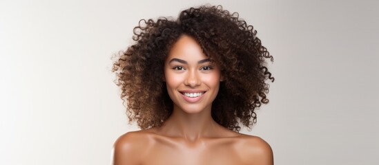 A woman with radiant skin and sexy hair wearing a smile on her face is seen in a portrait on a white background representing health beauty and the spa experience where people can feel isola - obrazy, fototapety, plakaty
