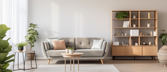 Modern scandinavian living room with design furniture and big glasses