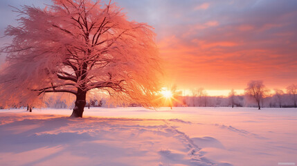 A Serene Sunset in the Snow Park with a Majestic Tree Adorned in Pink Hues, Blanketed by Snow, Creating a Christmas-Inspired Open Space Spectacle