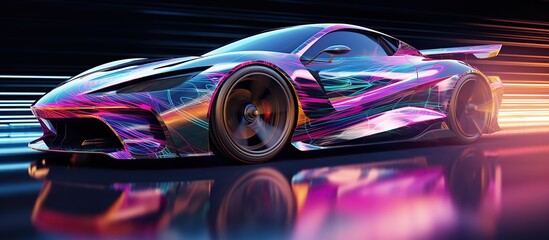 Colorful holographic sport car on dark background. AI generated image