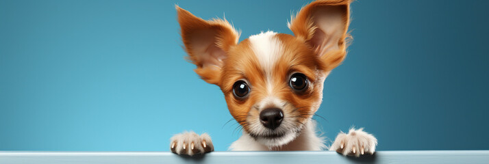 cute cartoon character dog puppy on blue isolated background with copy space