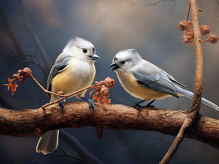 bluebirds on a branch on grey background wood landscape animal photo