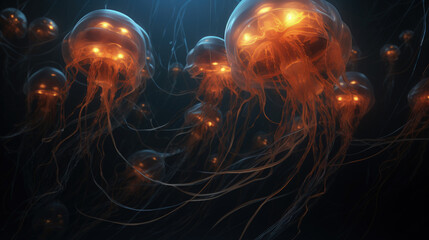 In the depths of the sea, man observes jellyfish. Exploration, mystery.