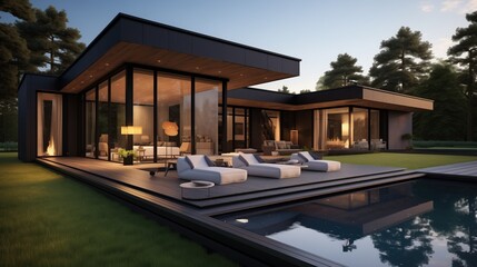 Fototapeta premium modern dark villa with open plan living and private chair wing with small terrace for relaxation