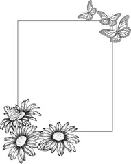 Vector botanical frame with flowers and butterflies in the shape of a rectangle for printing, templates, greetings, postcards and invitations