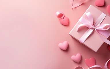Warm pink background with felt hearts and a gift box, over the shoulder, top view, flat lay, copy space at the left. Valentines day, engagement or wedding party poster. AI Generative