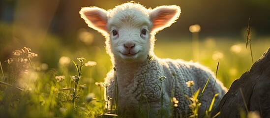 During the summer in Europe a baby sheep could be seen playing on the lush green grass in a beautiful farm field surrounded by the vibrant colors of nature and bathed in the warm white sunli - obrazy, fototapety, plakaty