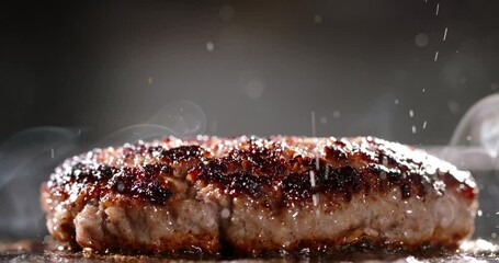 Fried vegetarian cutlets made from vegetable protein. Cinematic advertising burger cooking. Close-up of plant-based imitation burgers frying in hot pan. Sizzling cutlets with enticing aroma flavors.