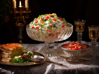 Table setting restaurant olivier salad in crystal dishes New Year Russian feast