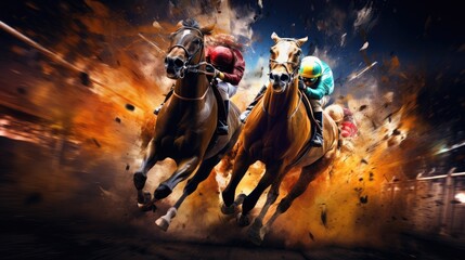 Intense horse race at full gallop. Epic lighting. - obrazy, fototapety, plakaty